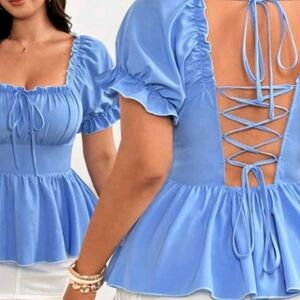 Elegant Blue Women's Top with Lace-Up Back